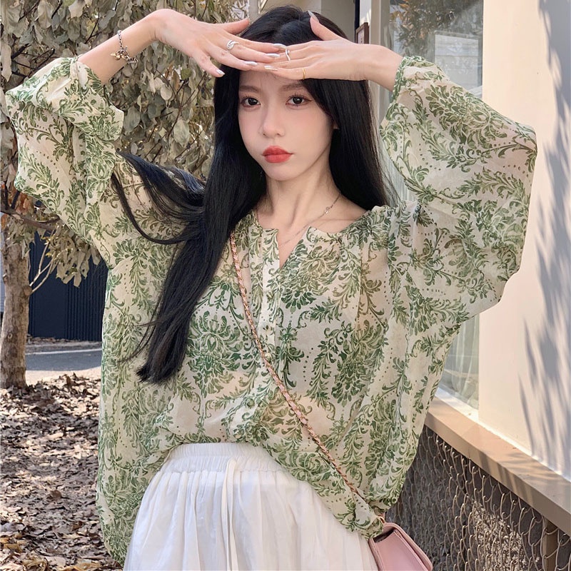 ของแท้-เสื้อเชิ้ตแขนยาว-ผ้าชีฟอง-แบบบาง-ทรงหลวม-ลายดอกไม้-สไตล์เรโทร-mc-สําหรับตกแต่ง-krhy