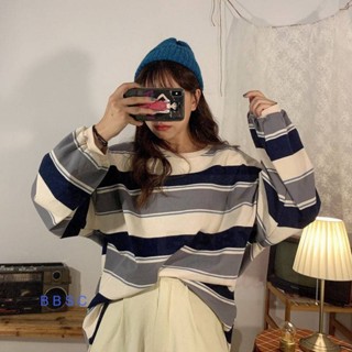 เสื้อแขนยาวผ้า COTTON คอกลม Oversize ลายทาง กันหนาว ผ้าหนา #392