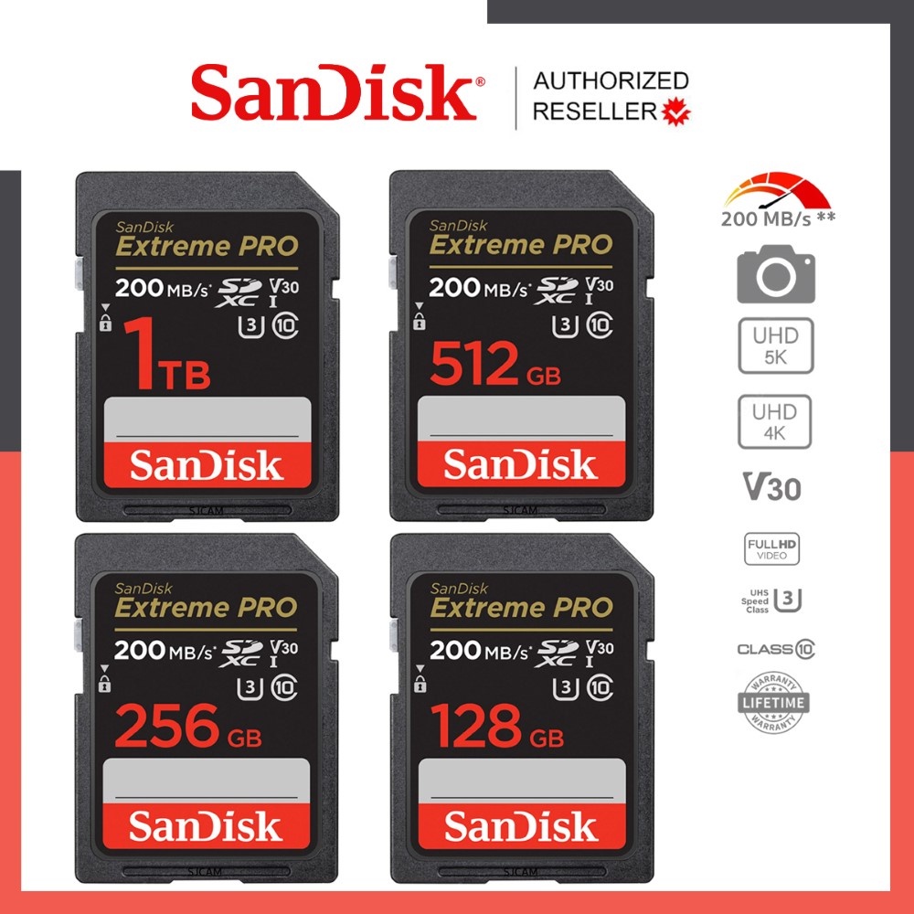 SanDisk Extreme Pro SD Card SDXC 1TB 512GB 256GB Speed R/W 200MB/s R, 140MB/s( SDSDXXD )กล้อง