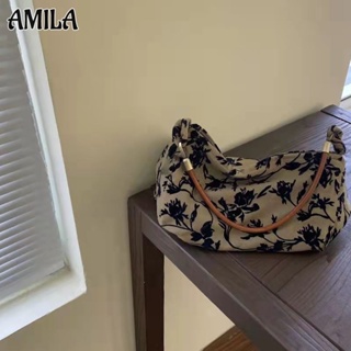 AMILA กระเป๋าใต้วงแขนย้อนยุคญี่ปุ่น กระเป๋าถือผ้าวูลสุดอินเทรนด์ ดอกไม้แห่สีเหลือง สบายๆและเรียบง่าย พื้นผิวขั้นสูง