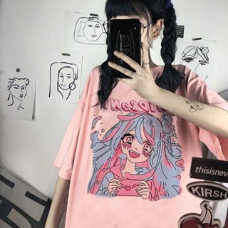 เสื้อยืดลําลอง แขนสั้น ทรงหลวม ลายการ์ตูนน่ารัก สีชมพู สไตล์ญี่ปุ่น ฮาราจูกุ แฟชั่นฤดูร้อน สําหรับสตรี