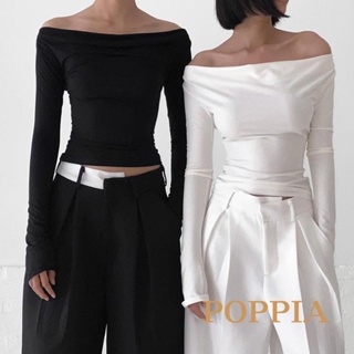 Poppia- เสื้อยืดแขนยาว เปิดไหล่ เปลือยหลัง ทรงสลิมฟิต แฟชั่นสําหรับผู้หญิง