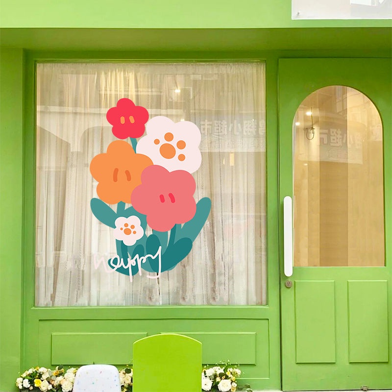 สติกเกอร์-ลายดอกไม้น่ารัก-สําหรับตกแต่งกระจก-ประตู-หน้าต่าง-ร้านอาหาร-ร้านชานม