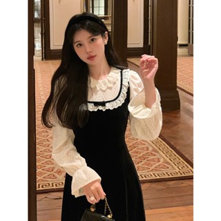 [พร้อมส่ง] Miss Haili ชุดเดรส คอตุ๊กตา ผ้ากํามะหยี่ ปักลายลูกไม้ สไตล์เรโทร แฟชั่นฤดูใบไม้ร่วง และฤดูหนาว