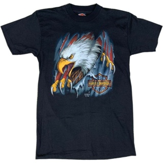 [S-5XL]tshirtเสื้อยืดคอกลมฤดูร้อนVintage 1990 Harley Davidson Motorcycles Eagle 3D Emblem Tee Shirt Sz Med Black Gildan