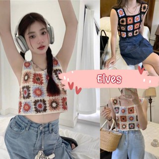 Elves✨พร้อมส่ง✨ เสื้อกล้ามถักไหมพรม ลายดอก สายเดี่ยวใหญ่ แฟชั่นฤดูร้อน ~CX0007~ -C