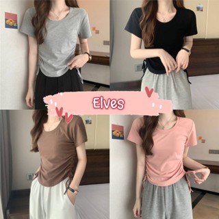 Elves✨พร้อมส่ง✨ เสื้อแขนสั้น ถักไหมพรม รูดข้าง2ข้างแบบผูกเชือก ~52181~ -C