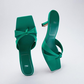 Za รองเท้าส้นสูง ผ้าซาติน สีเขียว แฟชั่นฤดูร้อน สําหรับผู้หญิง 2022