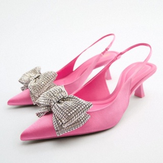 Za รองเท้าส้นสูง ประดับโบว์ พลอยเทียม สีชมพู สีดํา แฟชั่นฤดูร้อน สําหรับผู้หญิง