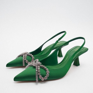 Za รองเท้าส้นสูง ประดับโบว์ สีเขียว สีดําเงา แฟชั่นฤดูใบไม้ร่วง สําหรับผู้หญิง