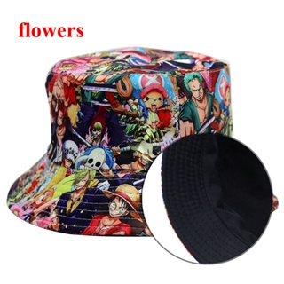 Flowers ใหม่ หมวกบักเก็ต ผ้าฝ้าย พิมพ์ลายการ์ตูนอนิเมะ One Piece กันแดด สําหรับผู้ชาย และผู้หญิง