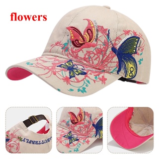 Flowers หมวกเบสบอล ปักเลื่อม ลายดอกไม้ ผีเสื้อ สไตล์ฮิปฮอป สําหรับผู้หญิง