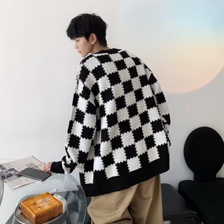 เสื้อแจ็กเก็ตกันหนาว ผ้าถัก ทรงหลวม ลายหมากรุก สีดํา และสีขาว ขนาดใหญ่ สําหรับผู้ชาย