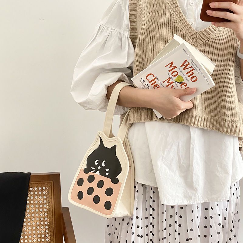 กระเป๋าถือ-ผ้าแคนวาส-แบบนิ่ม-ลายแมวน่ารัก-เข้ากับทุกการแต่งกาย-สไตล์ญี่ปุ่น-สําหรับใส่กล่องอาหารกลางวัน
