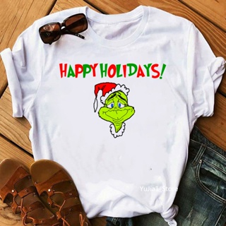 เสื้อยืด พิมพ์ลายกราฟฟิก Happy Holiday Grinch Grapchi แนวตลก เหมาะกับเทศกาลคริสต์มาส สําหรับผู้หญิง