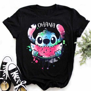 เสื้อยืดแขนสั้นลําลอง คอกลม พิมพ์ลายการ์ตูน Stitch แฟชั่นฤดูร้อน สําหรับสตรี