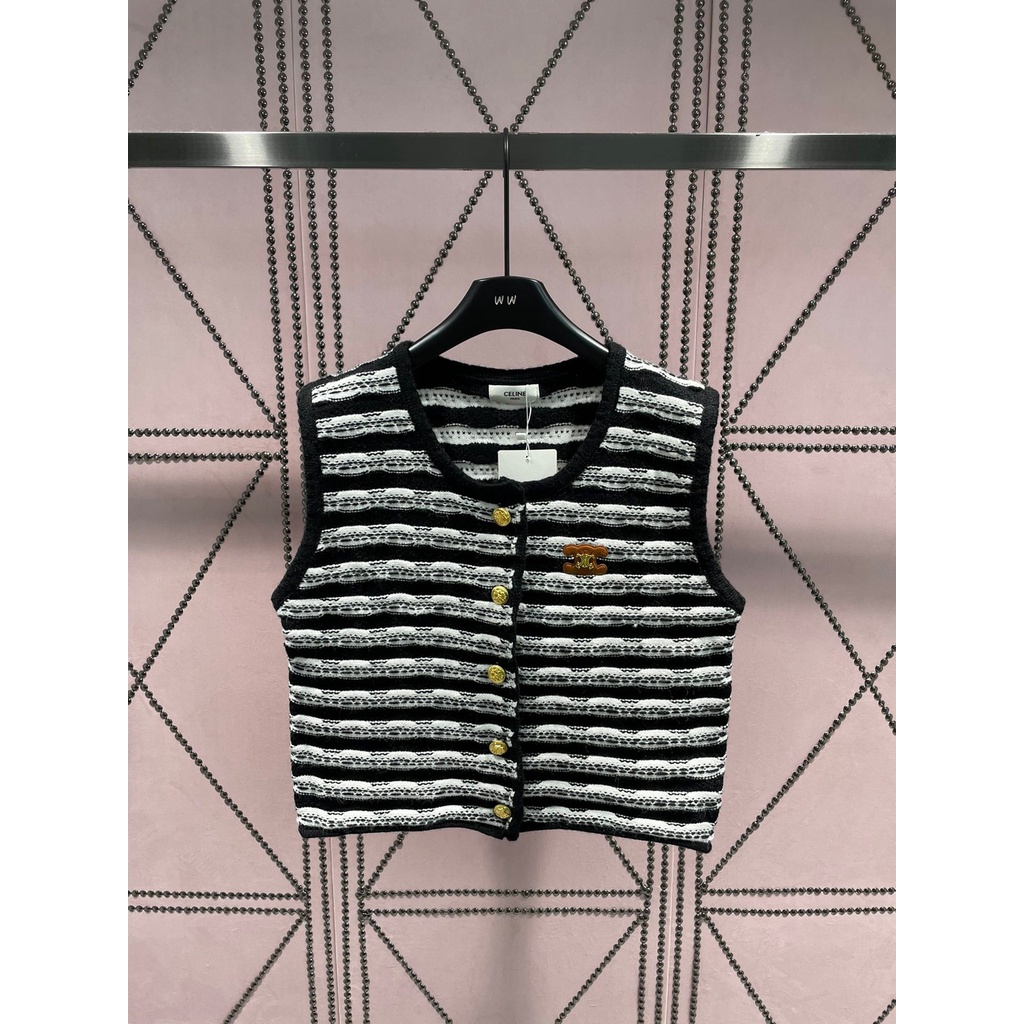 debg-cel-23-autumn-and-winter-new-black-and-white-classic-color-matching-knitted-vest-metal-button-letter-embroidered-arc-de-triomphe-knitwear
