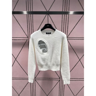 QHX4 MIU MIU 23 autumn and winter New hollow-out heavy industry pullover knitted top round neck small machine design personalized fashion all-match