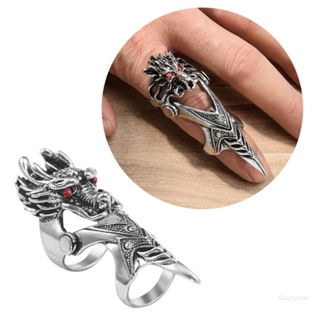 แหวนนิ้วมือ รูปมังกร สีดําเข้ม สไตล์พังก์วินเทจ สําหรับผู้หญิง