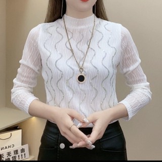 เสื้อยืดแขนยาว พิมพ์ลายลูกไม้ ทรงหลวม สไตล์เกาหลี แฟชั่นสําหรับผู้หญิง