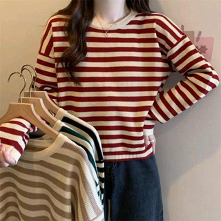 เสื้อแขนยาวลายทาง คอกลม ไหมพรมผ้าถักงานสวยสีสวย