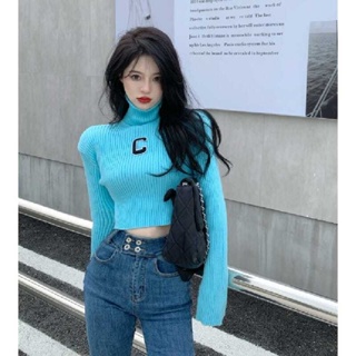 Turtleneck Sweater Womens Autumn and Winter Korean Style Embroidered Letter Pullover Slim-fit Base Sweater Long-sleeved Short Inner Top