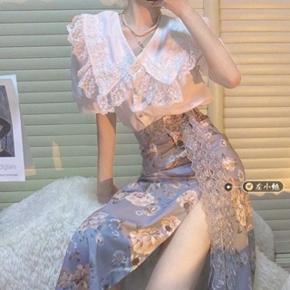 Internet Celebrity Fried Street Two-Piece Summer 2023 New Lace Doll Collar Design Sense Loose Short-Sleeved Shirt Womens Suit