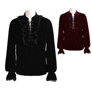 เสื้อเชิ้ตแขนยาว ผ้ากํามะหยี่ แบบผูกเชือก สไตล์โกธิคเรโทร เครื่องแต่งกายคอสเพลย์ สําหรับผู้ชาย