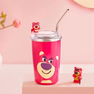 Disney แก้วกาแฟสเตนเลส มีหลอดดูด ลายการ์ตูนหมี สตรอเบอร์รี่ สีชมพู ของขวัญวันเกิด สําหรับเด็กผู้หญิง