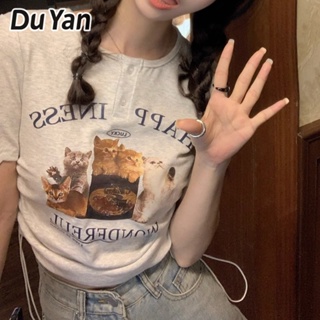เสื้อยืดแขนสั้น พิมพ์ลายแมว Du Yan สําหรับผู้หญิง