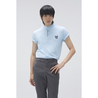 ESP เสื้อโปโลคอจีนลายเฟรนช์ชี่ ผู้ชาย สีฟ้า | Band Collar Polo Shirt | 03766