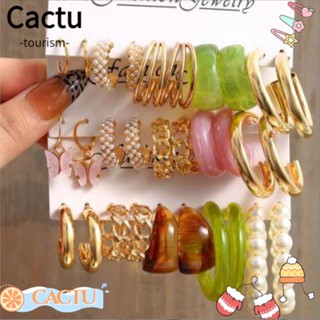 Cactu ต่างหูโซ่โลหะ ทรงเรขาคณิต ประดับไข่มุก เรซิ่น สร้างสรรค์ เรียบง่าย สําหรับผู้หญิง