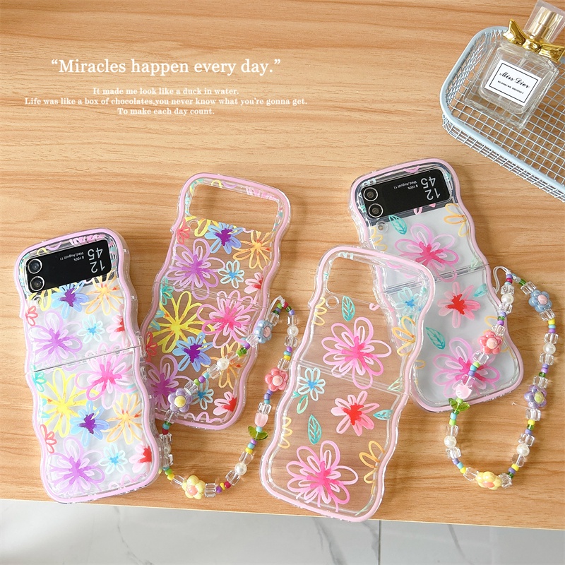 เคสโทรศัพท์มือถือ-tpu-แบบใส-ลายดอกไม้-พร้อมสายคล้องมือ-สําหรับ-samsung-galaxy-z-flip-5-4-3-5g