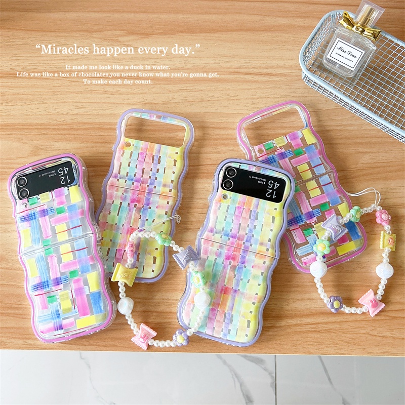 เคสโทรศัพท์มือถือ-tpu-แบบใส-ลายตาราง-มีสายคล้องมือ-สําหรับ-samsung-galaxy-z-flip-5-4-3-5g