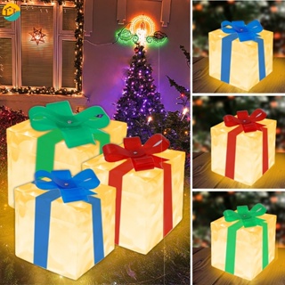 กล่องของขวัญคริสต์มาส เรืองแสง พร้อมโบว์ LED 3 ชิ้น สําหรับตกแต่งบ้าน สวน เทศกาลคริสต์มาส