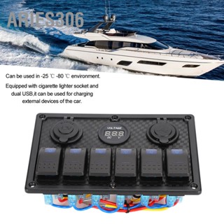 Aries306 12V ‑ 24 V 6 Gang Rocker สวิตช์แผงซ็อกเก็ตไฟแช็ก 2 USB โวลต์มิเตอร์สำหรับรถเรือรถบรรทุก RV