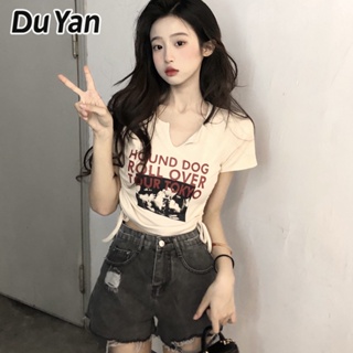 Du Yan เสื้อยืดแขนสั้น เปิดไหล่ ผ้าฝ้าย ทรงสลิม สําหรับผู้หญิง