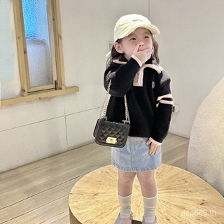 Girls sweater Spring and Autumn new college style lapel zipper stitching sweater Korean style denim overskirt two-piece set T1MH
