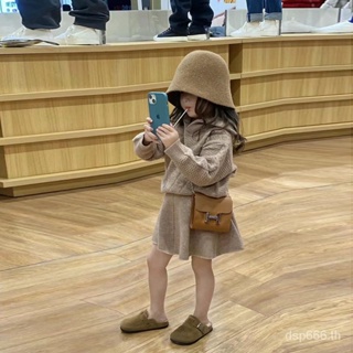 Girls Spring and Autumn New retro foreign pullover sweater knitted hemp lapel thickened coat skirt two-piece set 2BIQ