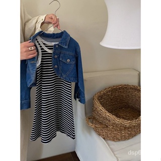 Korean style childrens clothing 2023 Autumn New girls all-match black pattern vest skirt retro denim coat two-piece HAMM