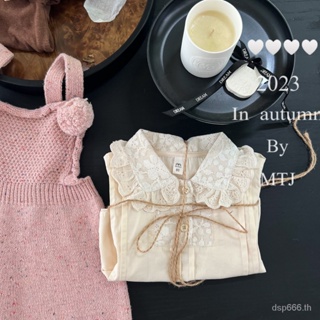 2023 Autumn New Korean style childrens long-sleeved side shirt girls lace lapel French shirt ins childrens wear 9WOW