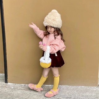 Korean style childrens clothing girls autumn and winter fashion mid-length knitted sweater girls velvet bract pants two-piece set I5LQ