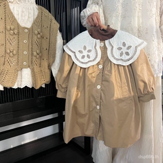 2023 Fall/Winter New Korean style childrens wear girls lace side lapel coat childrens mid-length trench coat MBOM