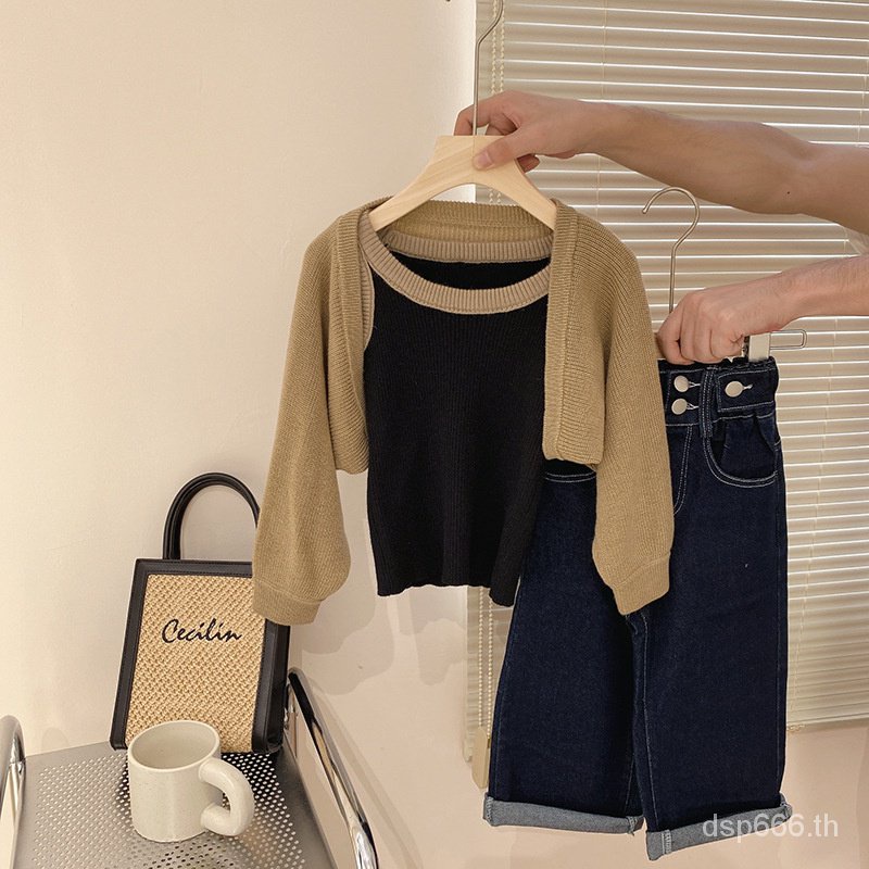 2023-spring-and-autumn-parent-child-clothing-cardigan-knitted-coat-long-sleeve-top-short-camisole-jeans-three-piece-trendy-4jid