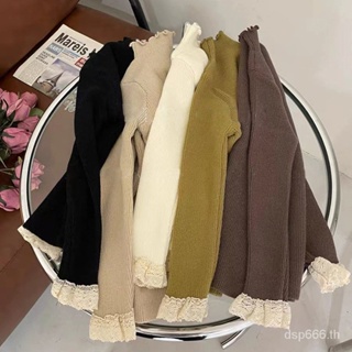 New girls Spring and Autumn new solid color high collar side sleeve bottoming shirt Korean style Foreign All-match knitted long sleeve top fashion EIGL