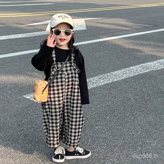 Childrens plaid suspender pants 2023 Spring and Autumn new childrens clothing Korean style childrens foreign pants bottoming shirt two-piece set DPGI