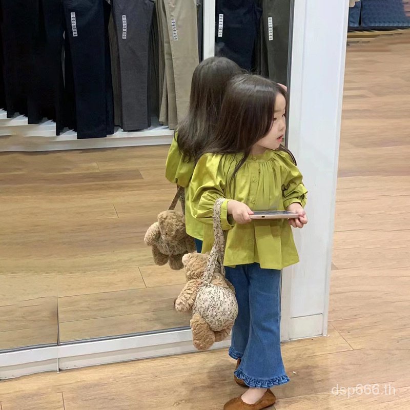 spring-and-autumn-new-girls-doll-shirt-korean-style-all-match-shirt-fashionable-bubble-sleeve-top-edge-denim-flared-pants-w23g