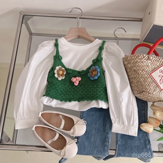 Childrens clothing 2023 spring new all-match Korean knitted vest shirt flared pants stitching three-piece fashionable foreign 0IHP