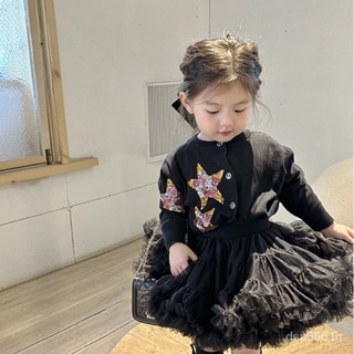Girls sweater spring and autumn Korean style five-pointed star sweater childrens foreign versatile coat mesh Pengpeng skirt two-piece set UJ4G