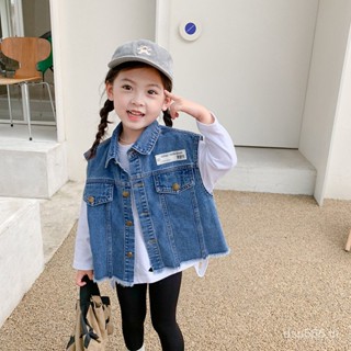 Girls 2023 Spring and Autumn New Korean style handsome fried street childrens denim labeling vest foreign childrens casual vest 6ORX